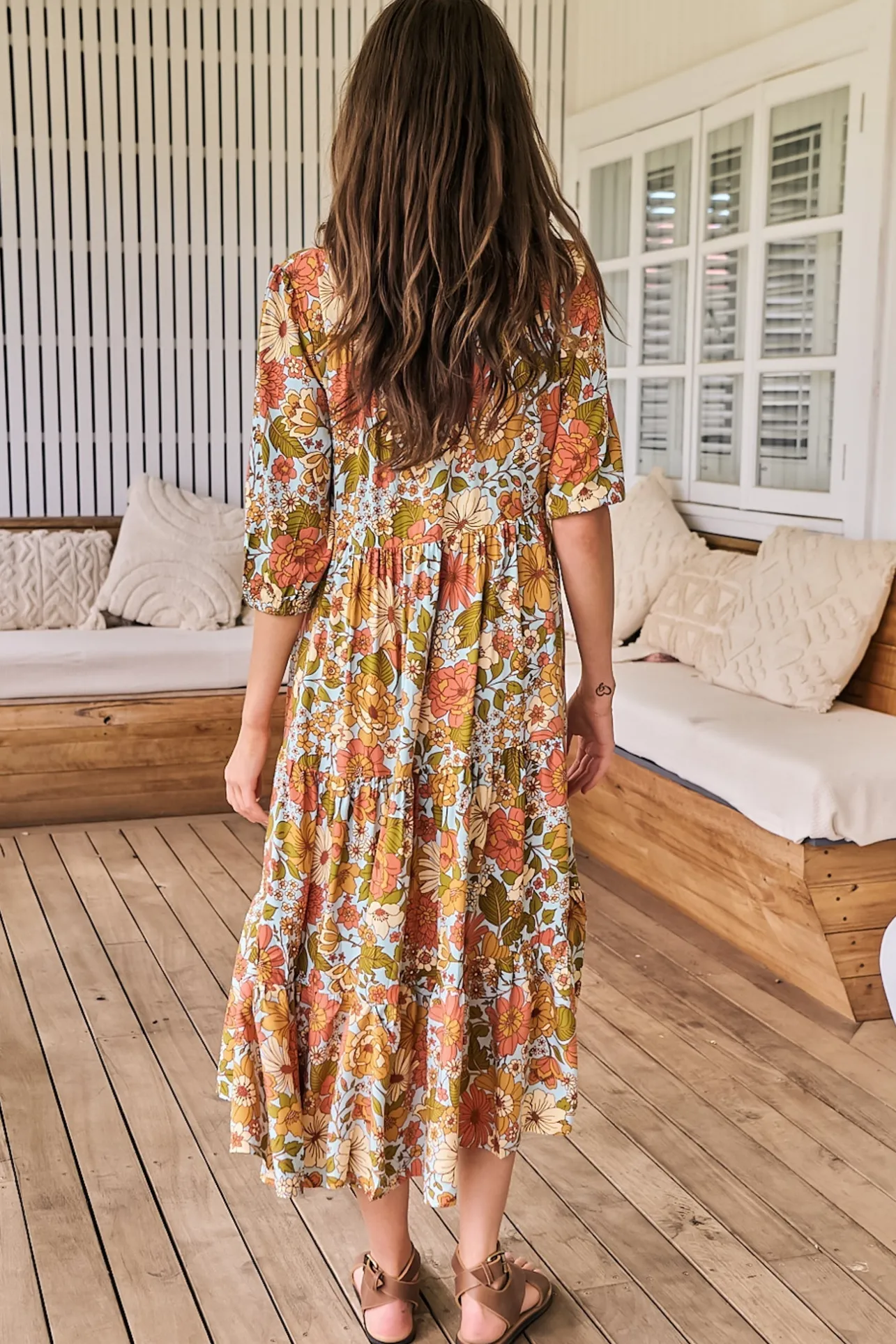 Eve Midi Dress - V Neck Tiered Dress with Option Waist Tie in Mimosa Print>Jaase Outlet