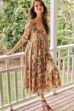 Eve Midi Dress - V Neck Tiered Dress with Option Waist Tie in Mimosa Print><noscript><img width=