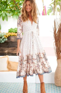 Eve Midi Dress - V Neck Tiered Dress with Option Waist Tie in Gemstone Print>Jaase Online