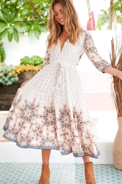 Eve Midi Dress - V Neck Tiered Dress with Option Waist Tie in Gemstone Print><noscript><img width=