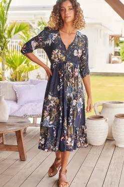 Eve Midi Dress - V Neck Tiered Dress with Optional Waist Tie in Indigo Print>Jaase