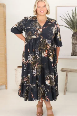 Eve Midi Dress - V Neck Tiered Dress with Optional Waist Tie in Indigo Print>Jaase