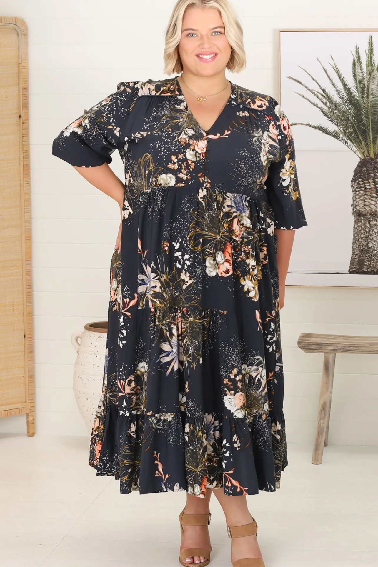 Eve Midi Dress - V Neck Tiered Dress with Optional Waist Tie in Indigo Print>Jaase