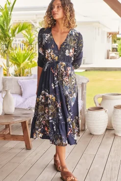 Eve Midi Dress - V Neck Tiered Dress with Optional Waist Tie in Indigo Print><noscript><img width=