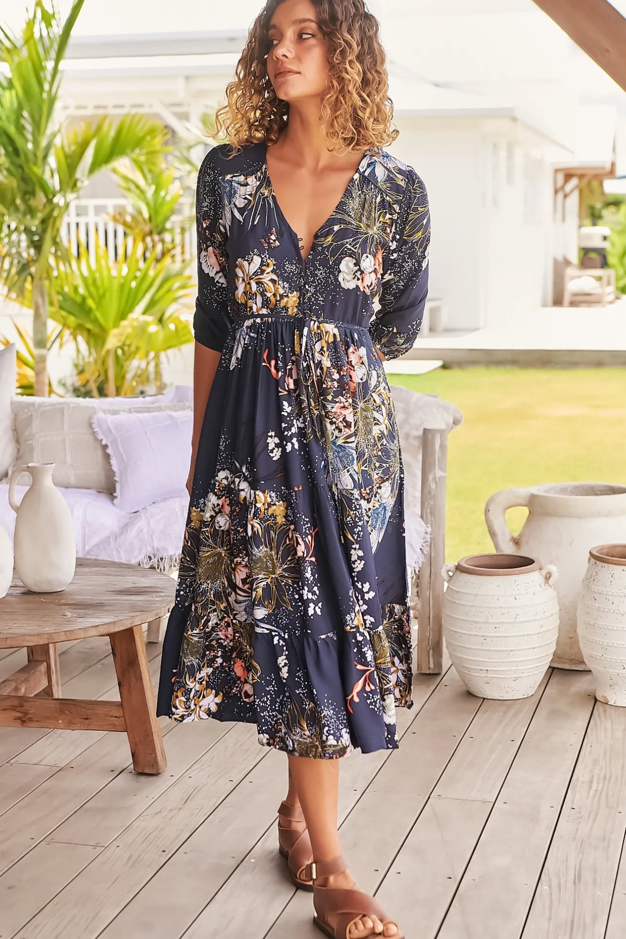 Eve Midi Dress - V Neck Tiered Dress with Optional Waist Tie in Indigo Print>Jaase