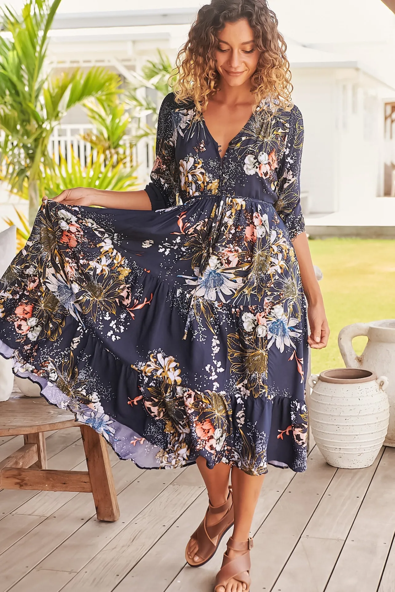 Eve Midi Dress - V Neck Tiered Dress with Optional Waist Tie in Indigo Print>Jaase
