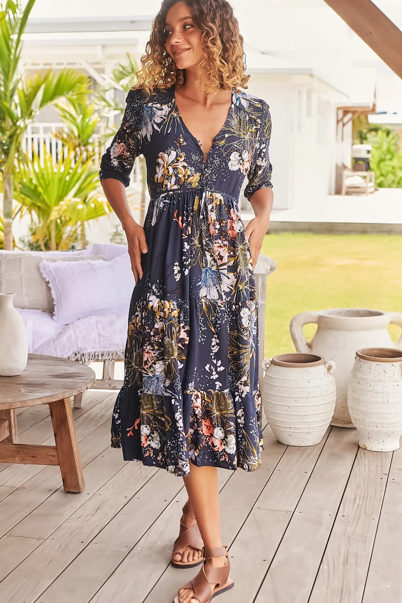 Eve Midi Dress - V Neck Tiered Dress with Optional Waist Tie in Indigo Print>Jaase