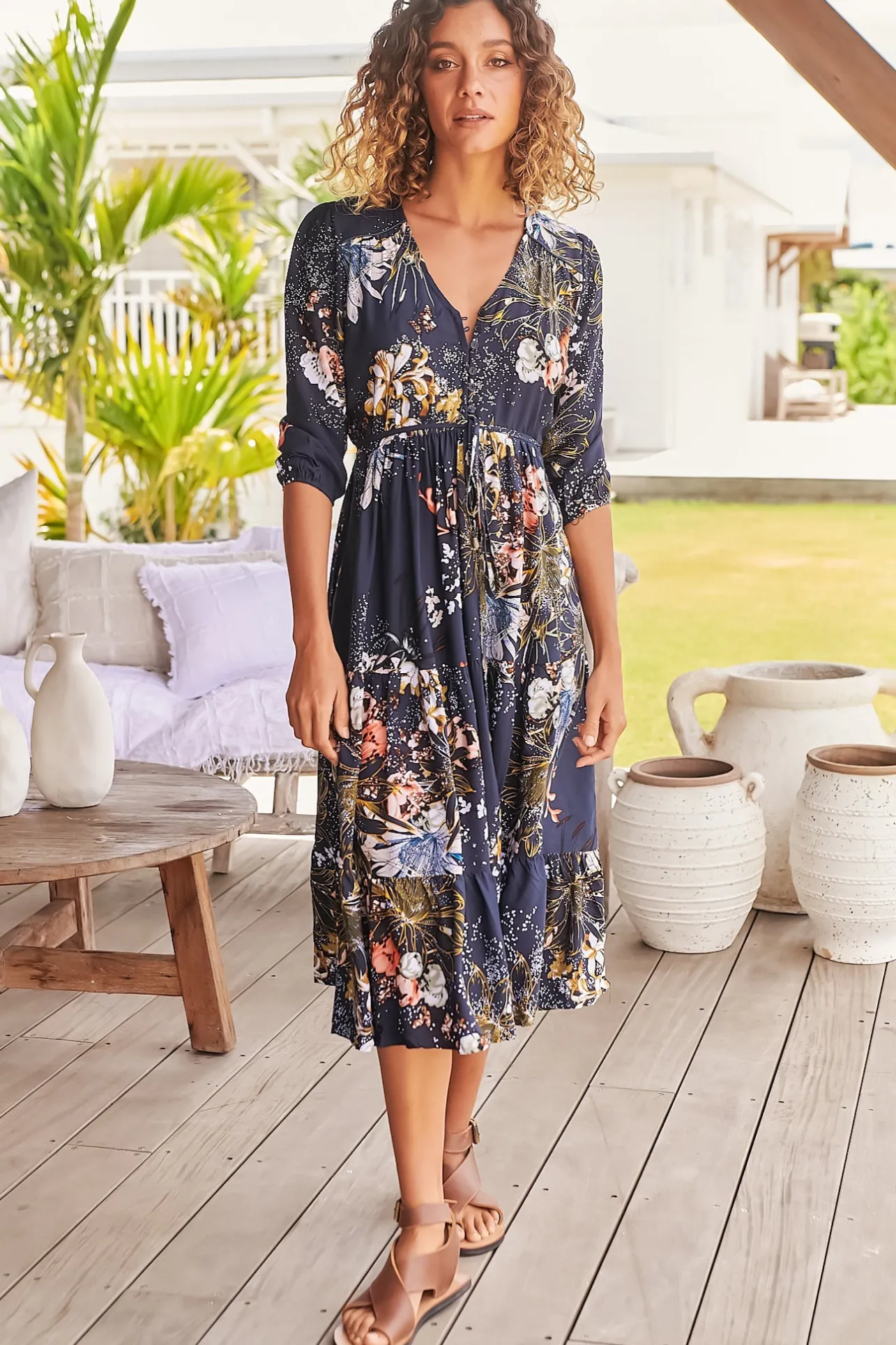 Eve Midi Dress - V Neck Tiered Dress with Optional Waist Tie in Indigo Print>Jaase