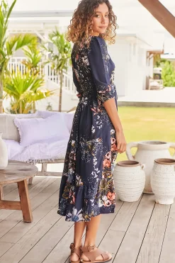 Eve Midi Dress - V Neck Tiered Dress with Optional Waist Tie in Indigo Print><noscript><img width=