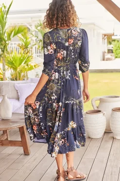 Eve Midi Dress - V Neck Tiered Dress with Optional Waist Tie in Indigo Print><noscript><img width=
