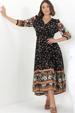 Eve Midi Dress - V Neck Tiered Dress with Option Waist Tie in Eternity Print>Jaase Hot
