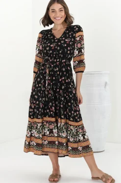 Eve Midi Dress - V Neck Tiered Dress with Option Waist Tie in Eternity Print>Jaase Hot