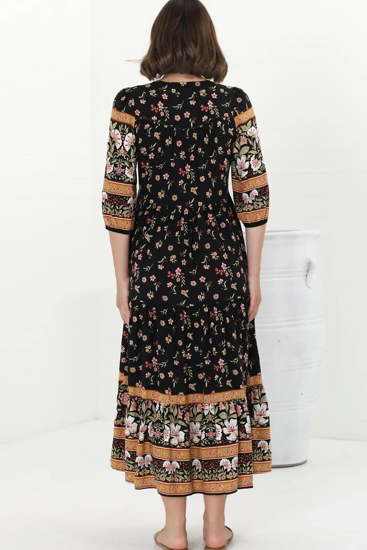 Eve Midi Dress - V Neck Tiered Dress with Option Waist Tie in Eternity Print>Jaase Hot