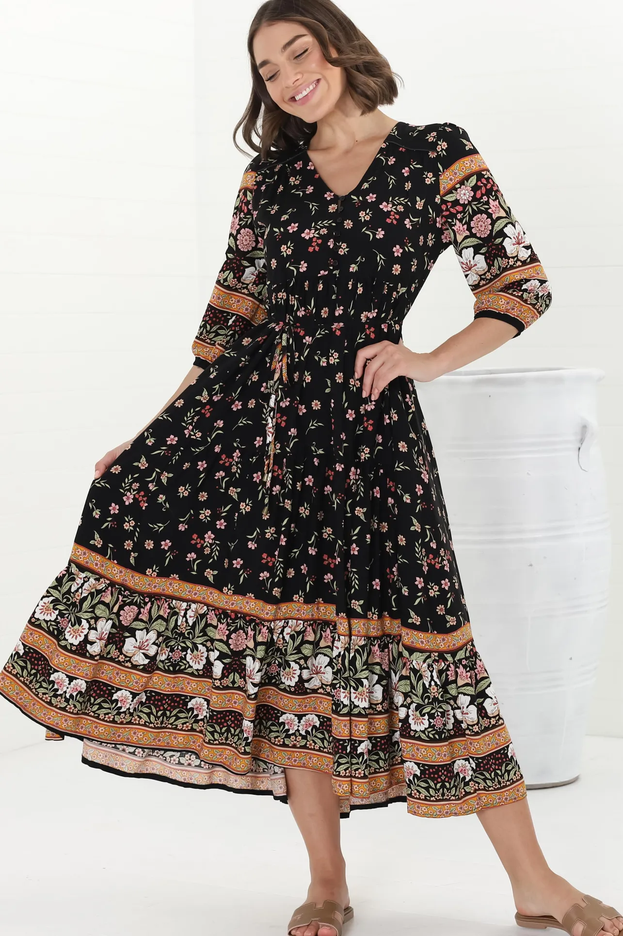 Eve Midi Dress - V Neck Tiered Dress with Option Waist Tie in Eternity Print>Jaase Hot