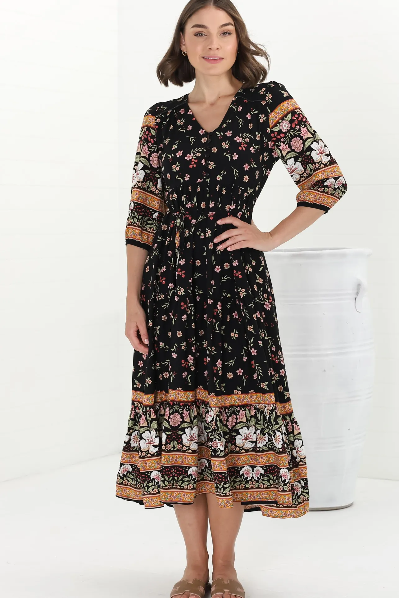 Eve Midi Dress - V Neck Tiered Dress with Option Waist Tie in Eternity Print>Jaase Hot