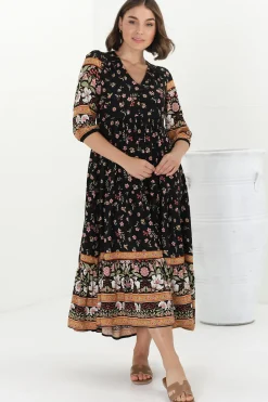 Eve Midi Dress - V Neck Tiered Dress with Option Waist Tie in Eternity Print><noscript><img width=