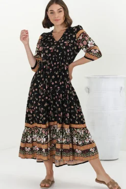 Eve Midi Dress - V Neck Tiered Dress with Option Waist Tie in Eternity Print><noscript><img width=