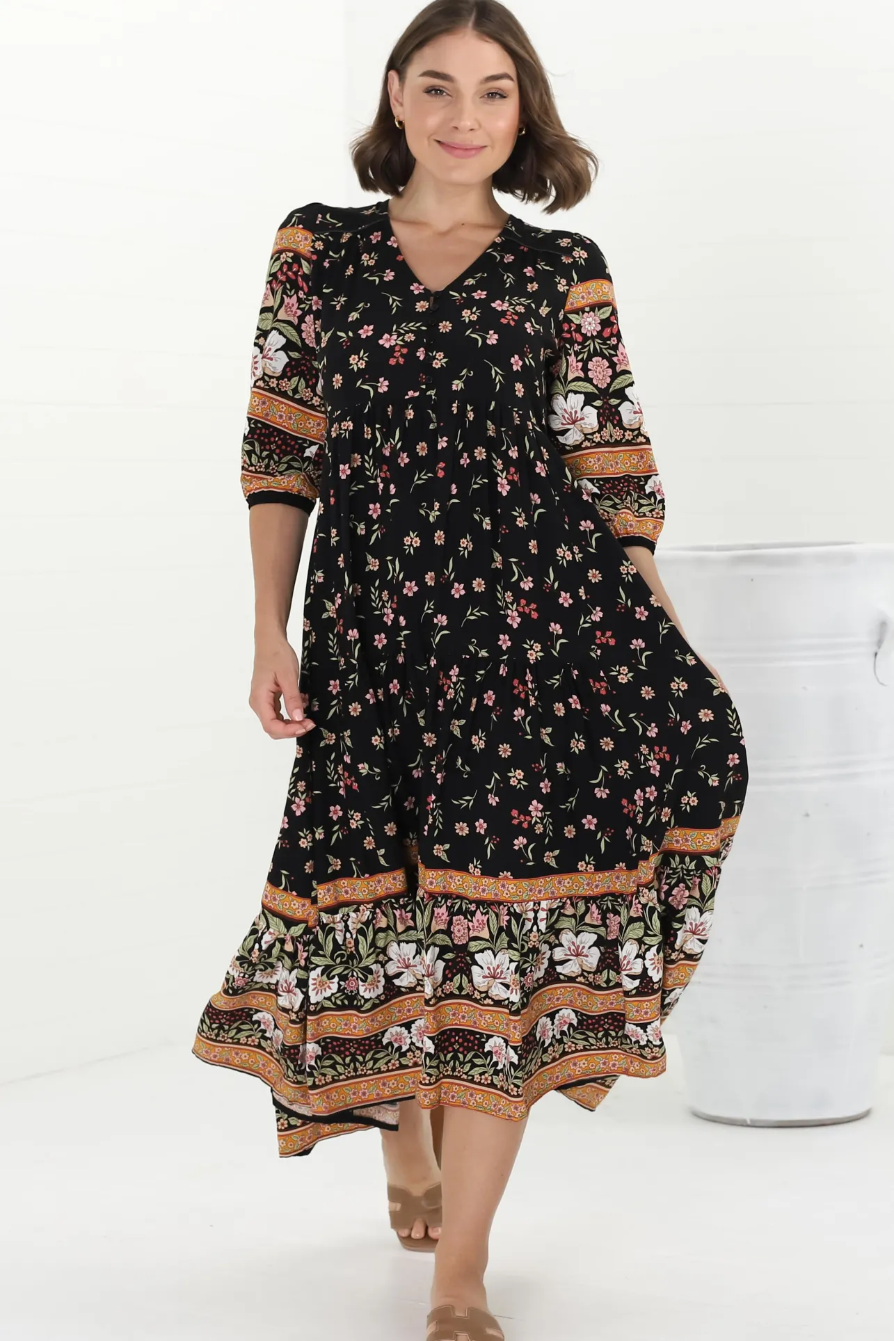 Eve Midi Dress - V Neck Tiered Dress with Option Waist Tie in Eternity Print>Jaase Hot