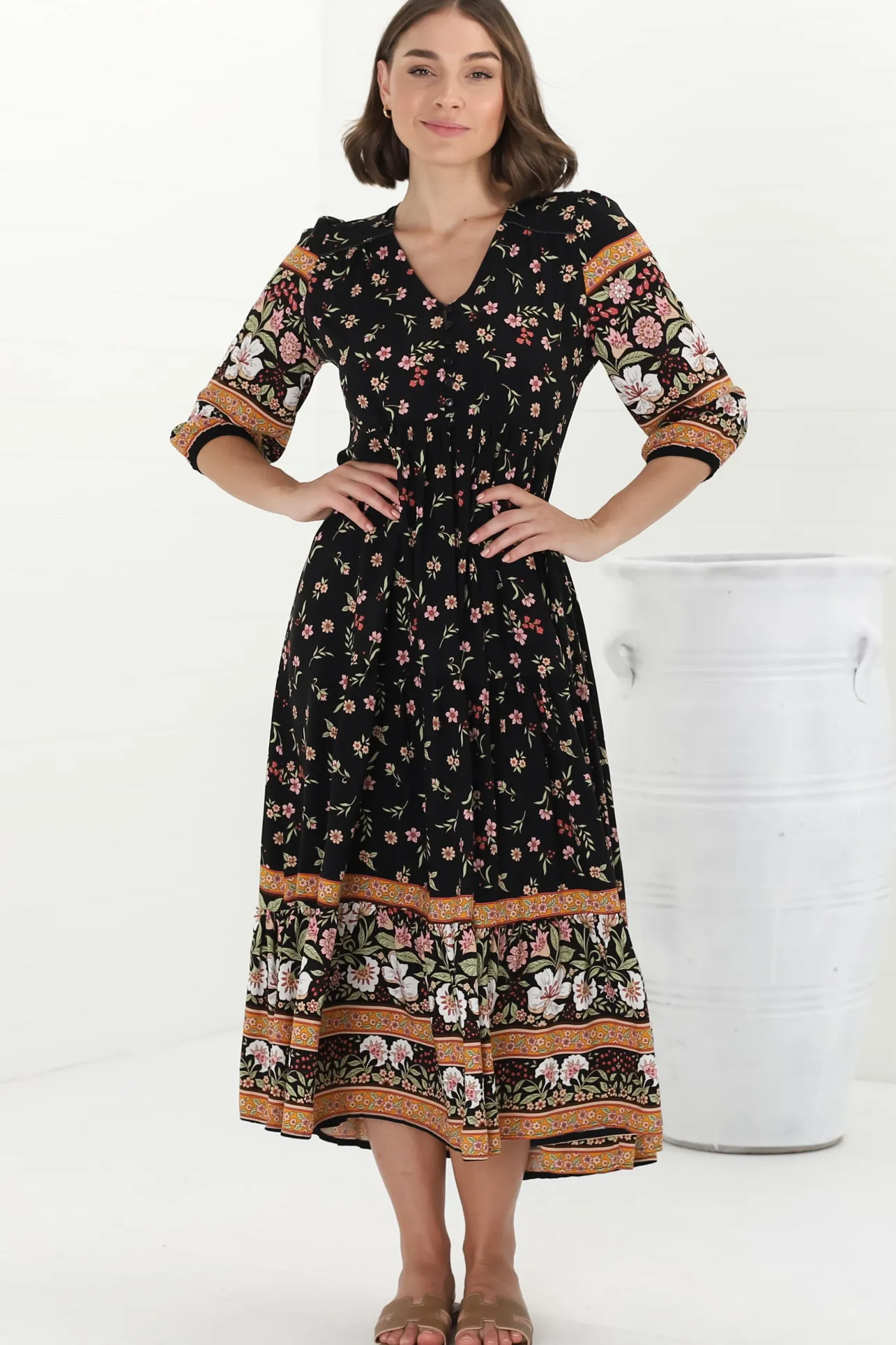 Eve Midi Dress - V Neck Tiered Dress with Option Waist Tie in Eternity Print>Jaase Hot