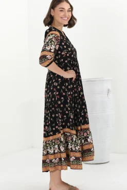 Eve Midi Dress - V Neck Tiered Dress with Option Waist Tie in Eternity Print><noscript><img width=