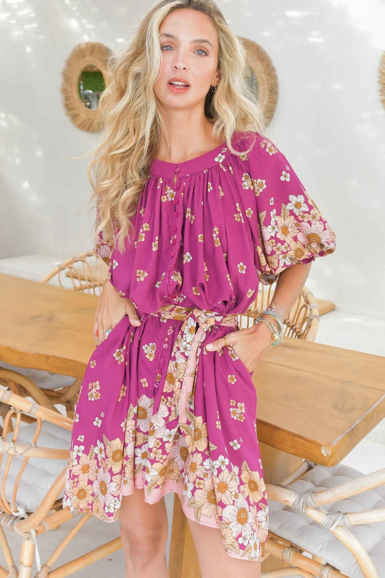 Evelyn Mini Dress: Scoop Neck Smock Dress with Pockets and Waist Tie in Bee Orchid Print>Jaase Discount