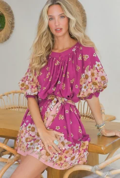 Evelyn Mini Dress: Scoop Neck Smock Dress with Pockets and Waist Tie in Bee Orchid Print><noscript><img width=