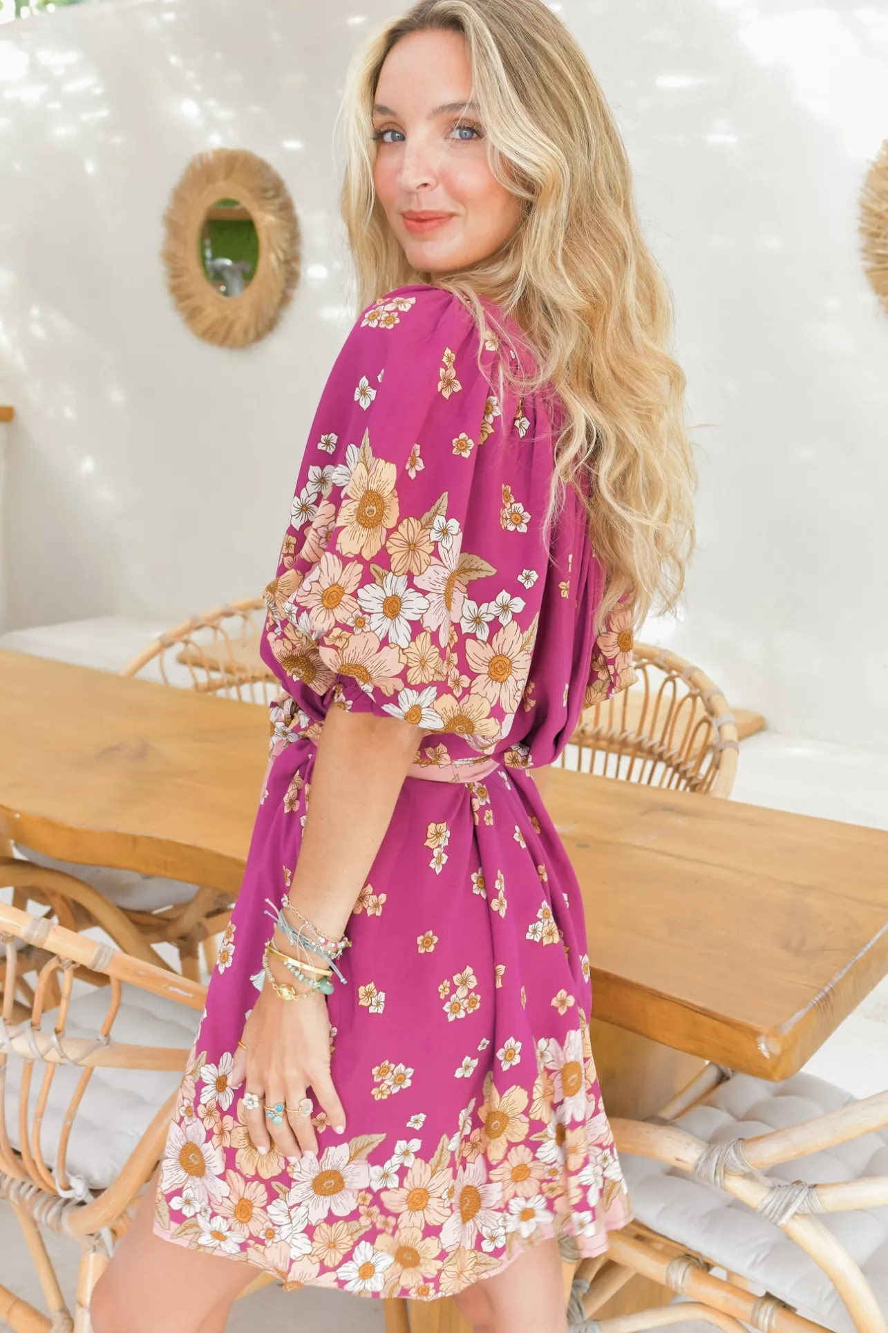 Evelyn Mini Dress: Scoop Neck Smock Dress with Pockets and Waist Tie in Bee Orchid Print>Jaase Discount