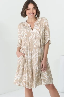 Evie Mini Dress - 3/4 Sleeve Tiered Smock Dress in Jeani Print Beige><noscript><img width=