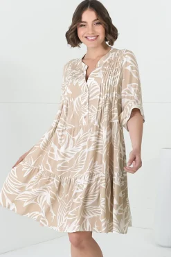 Evie Mini Dress - 3/4 Sleeve Tiered Smock Dress in Jeani Print Beige><noscript><img width=