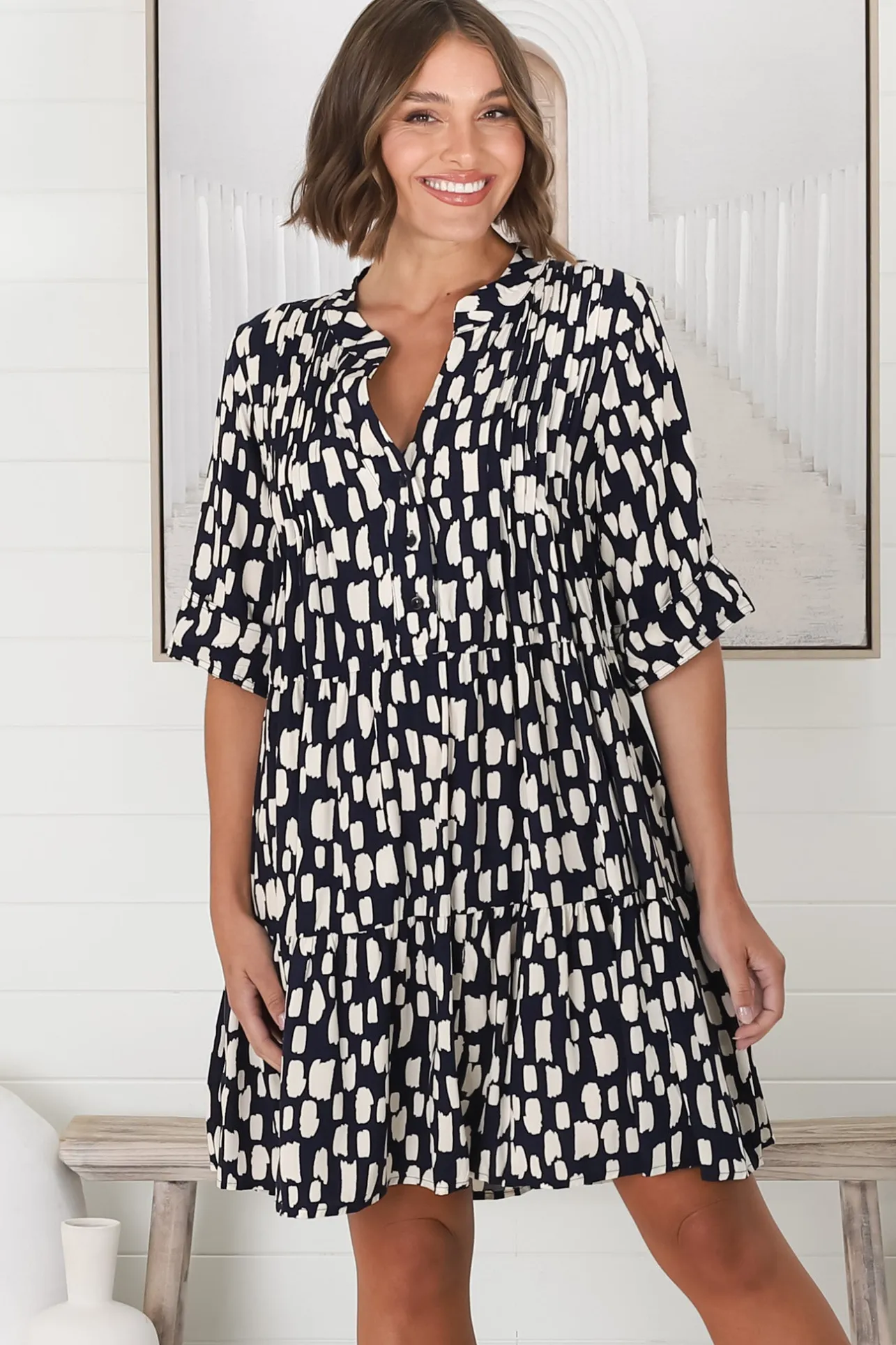 Evie Mini Dress - 3/4 Sleeve Tiered Smock Dress in Navy>Salty Crush Discount