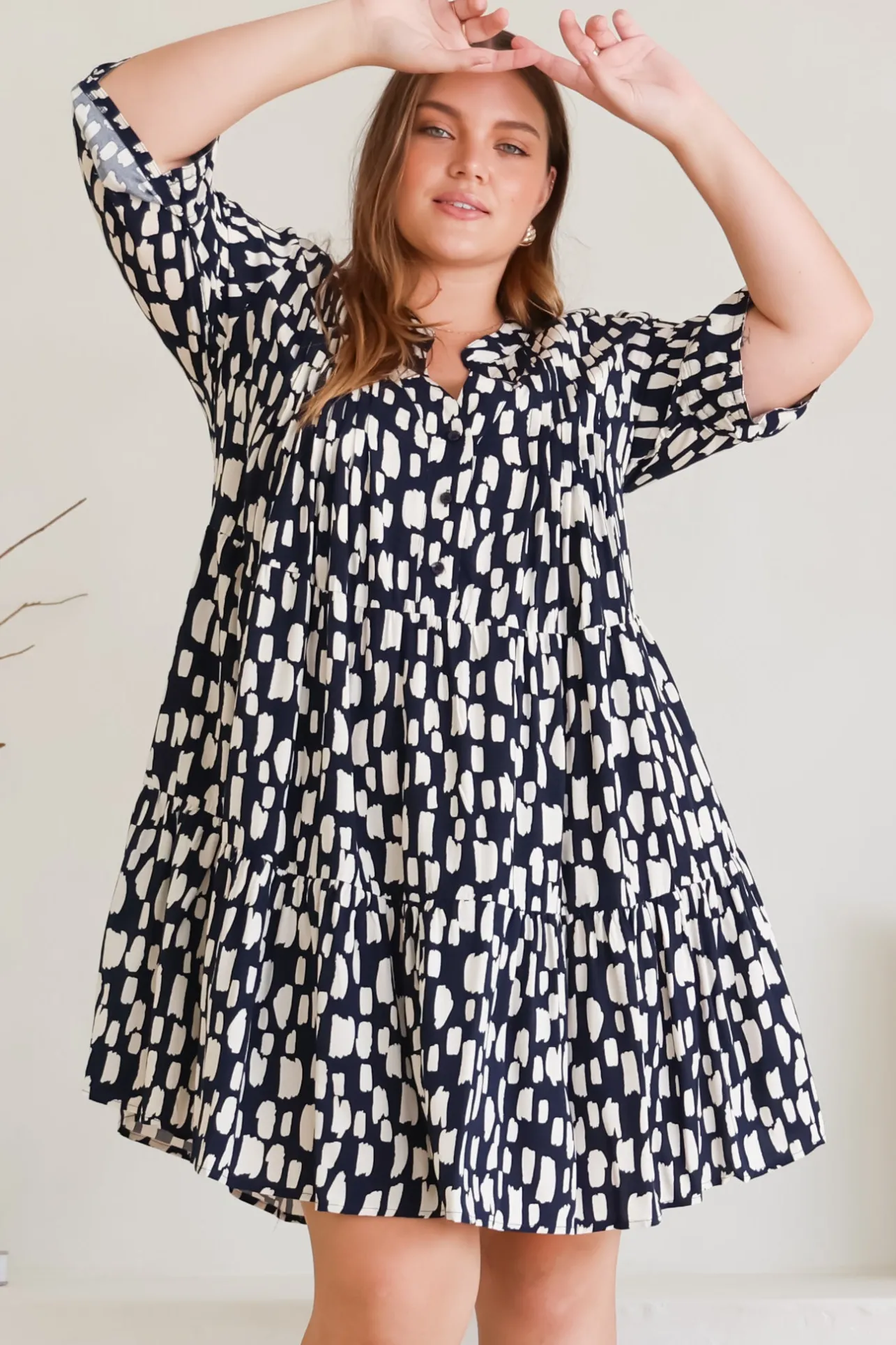 Evie Mini Dress - 3/4 Sleeve Tiered Smock Dress in Navy>Salty Crush Discount