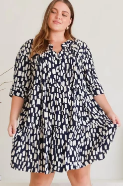 Evie Mini Dress - 3/4 Sleeve Tiered Smock Dress in Navy><noscript><img width=