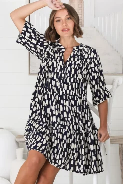 Evie Mini Dress - 3/4 Sleeve Tiered Smock Dress in Navy><noscript><img width=