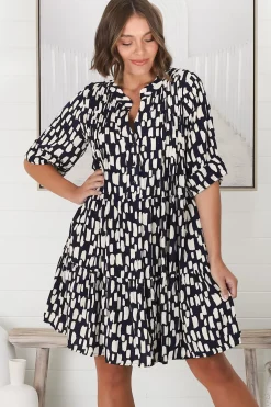 Evie Mini Dress - 3/4 Sleeve Tiered Smock Dress in Navy><noscript><img width=