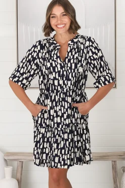 Evie Mini Dress - 3/4 Sleeve Tiered Smock Dress in Navy><noscript><img width=