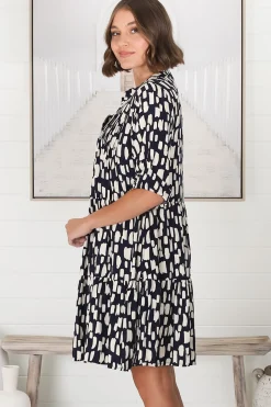 Evie Mini Dress - 3/4 Sleeve Tiered Smock Dress in Navy><noscript><img width=