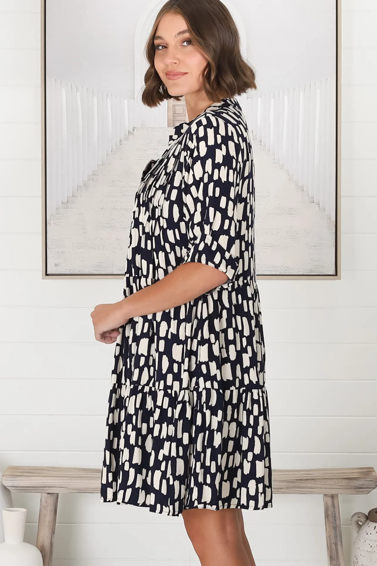 Evie Mini Dress - 3/4 Sleeve Tiered Smock Dress in Navy>Salty Crush Discount