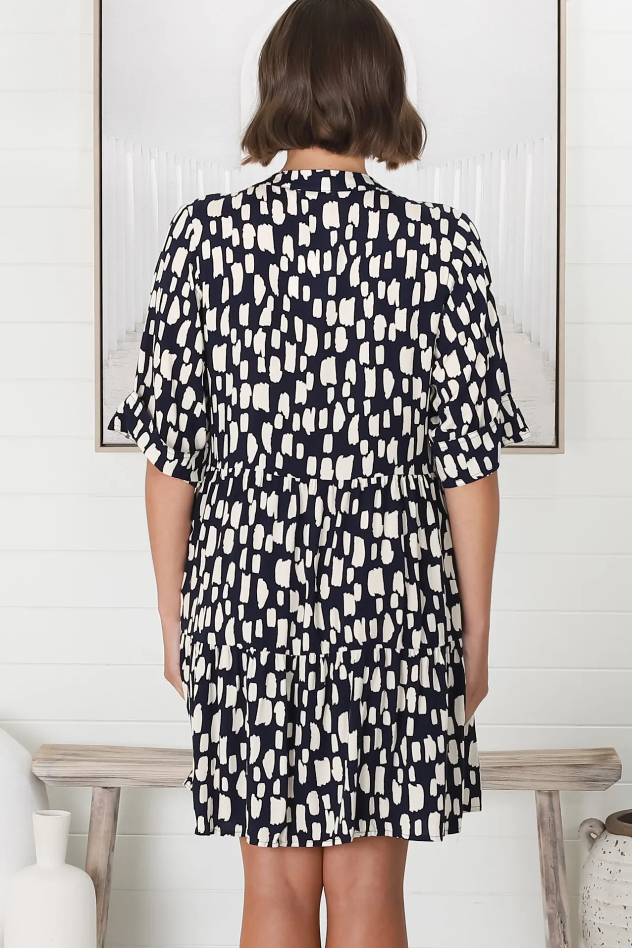 Evie Mini Dress - 3/4 Sleeve Tiered Smock Dress in Navy>Salty Crush Discount