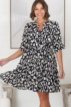 Evie Mini Dress - 3/4 Sleeve Tiered Smock Dress in Navy><noscript><img width=