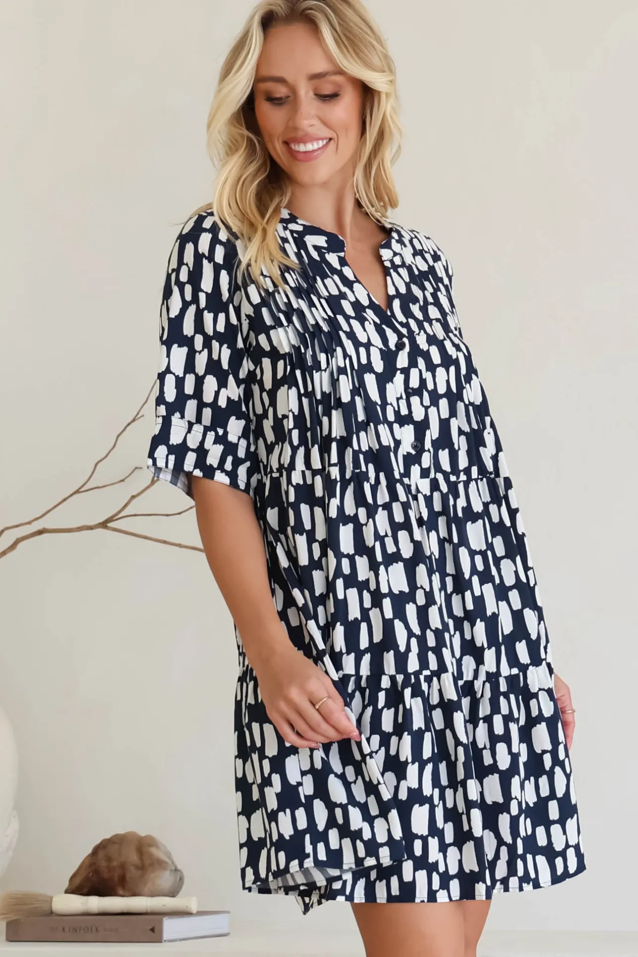 Evie Mini Dress - 3/4 Sleeve Tiered Smock Dress in Navy>Salty Crush Discount
