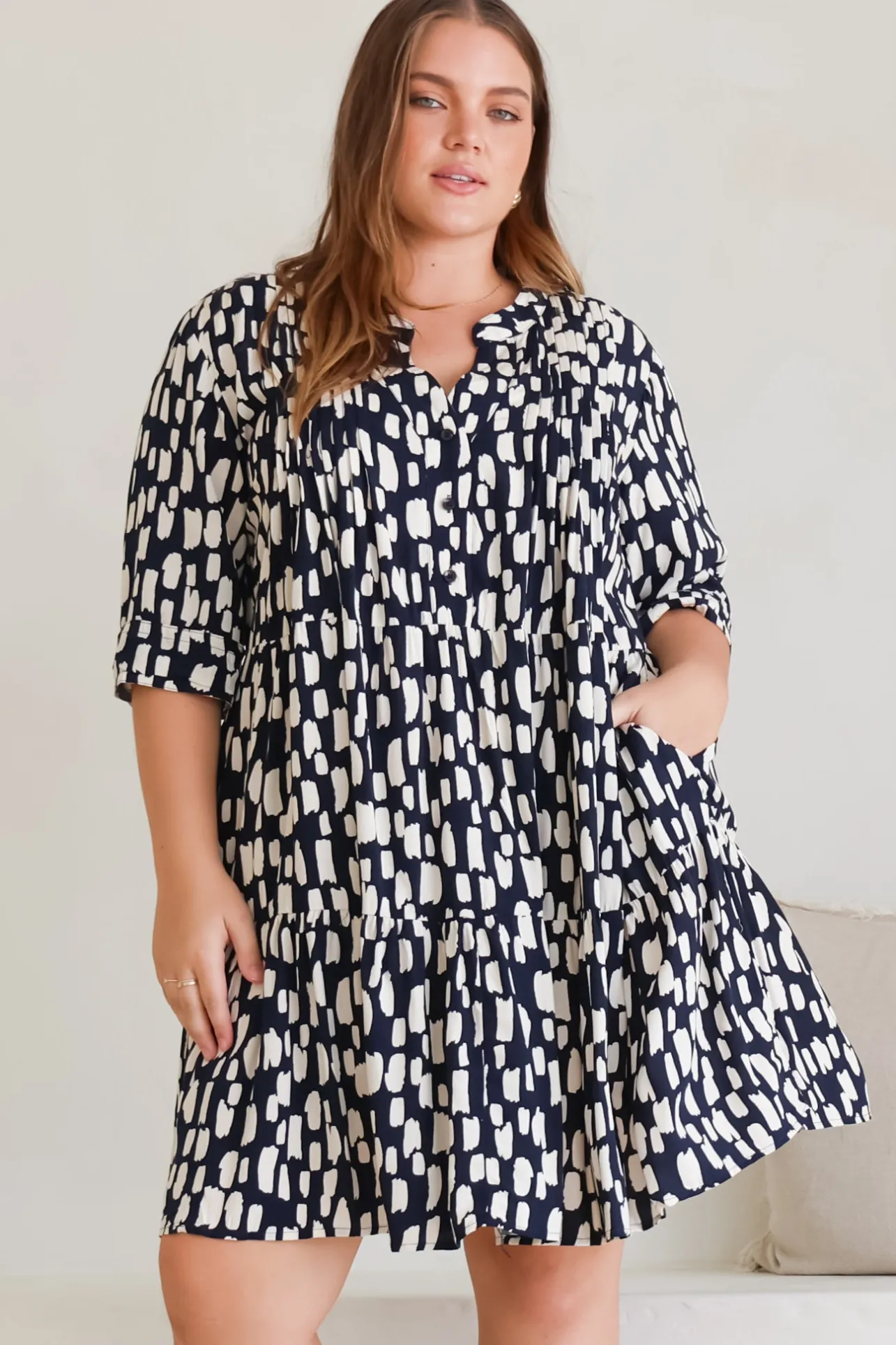 Evie Mini Dress - 3/4 Sleeve Tiered Smock Dress in Navy>Salty Crush Discount