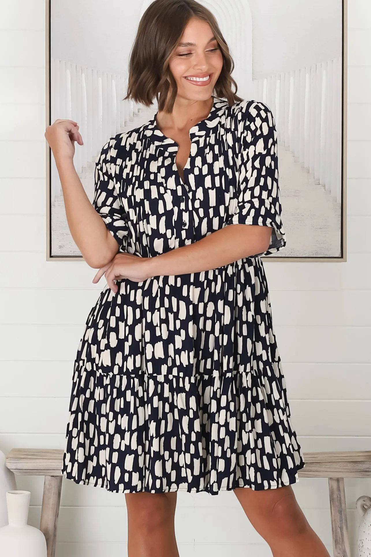 Evie Mini Dress - 3/4 Sleeve Tiered Smock Dress in Navy>Salty Crush Discount
