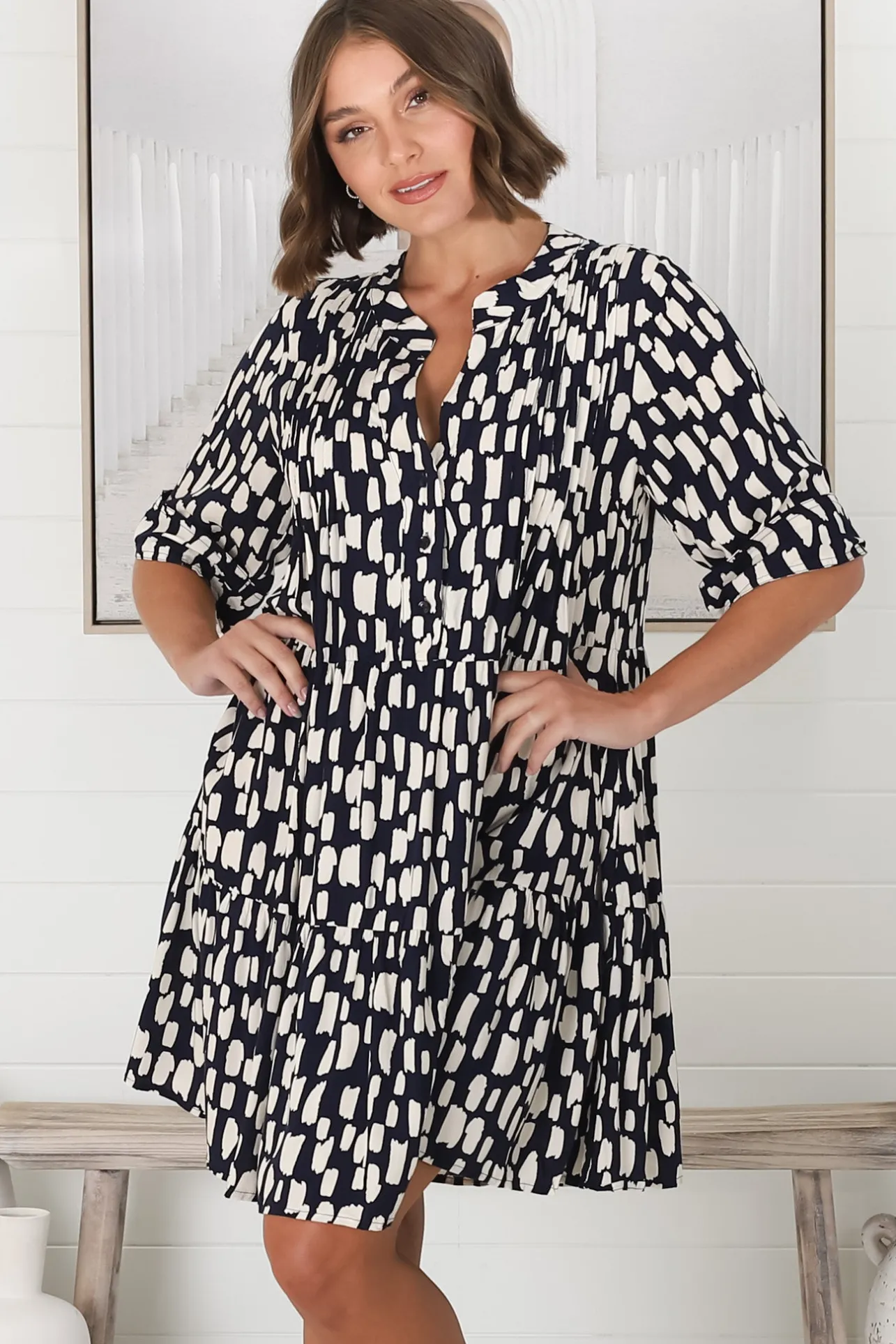 Evie Mini Dress - 3/4 Sleeve Tiered Smock Dress in Navy>Salty Crush Discount