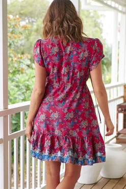 Faithful Mini Dress - Drawstring Waist Tiered Mini Dress in Strawberry Kiss Print><noscript><img width=
