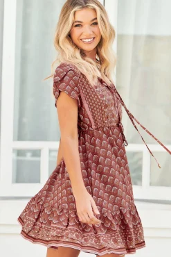 Faithful Mini Dress - Drawstring Waist Tiered Mini Dress in Coral Eden Print><noscript><img width=