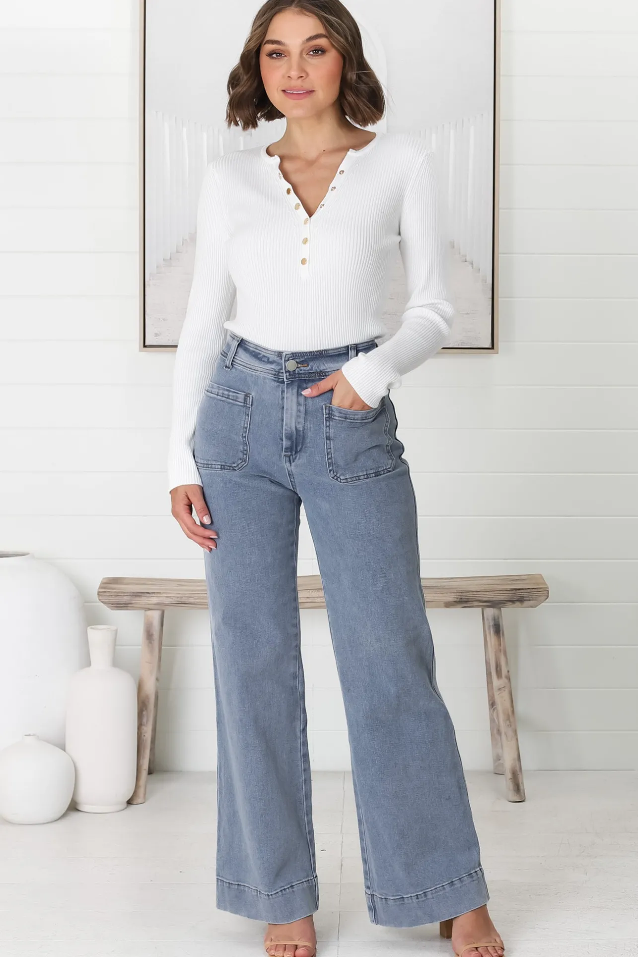 Farah Jeans - Highwaisted Flare Leg Stretch Jean in Light Denim>Salty Crush Sale