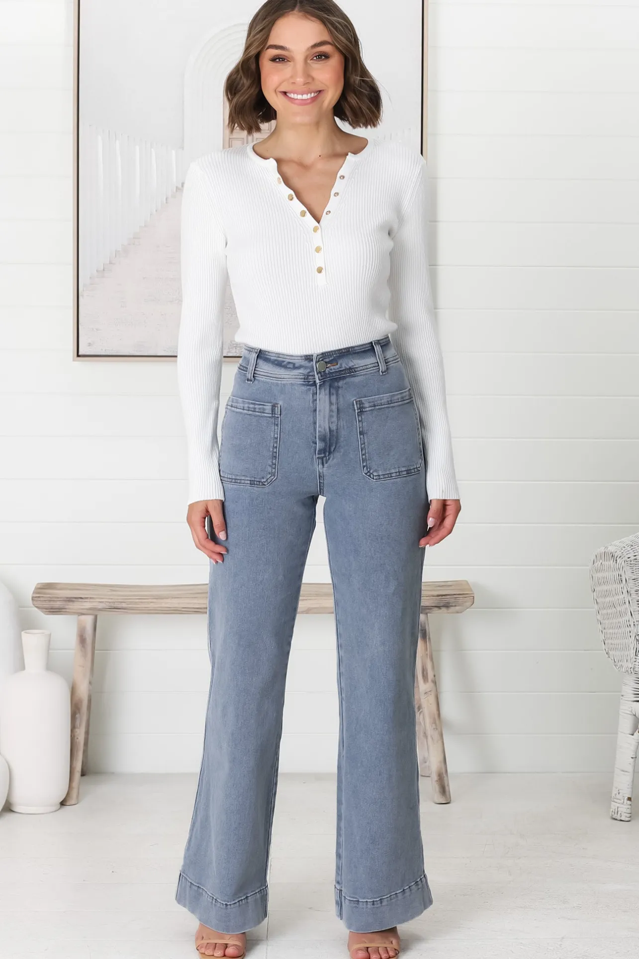 Farah Jeans - Highwaisted Flare Leg Stretch Jean in Light Denim>Salty Crush Sale