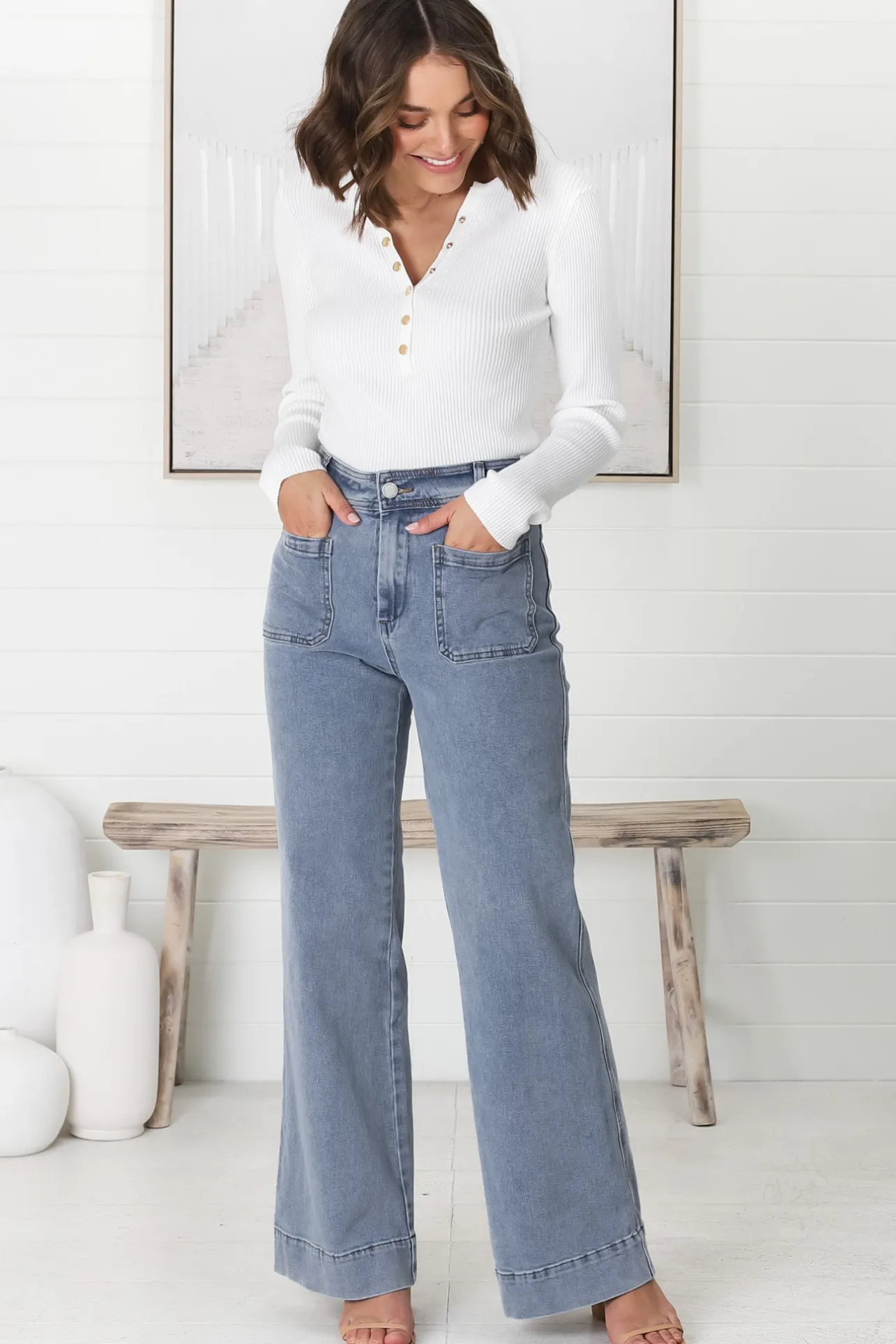 Farah Jeans - Highwaisted Flare Leg Stretch Jean in Light Denim>Salty Crush Sale