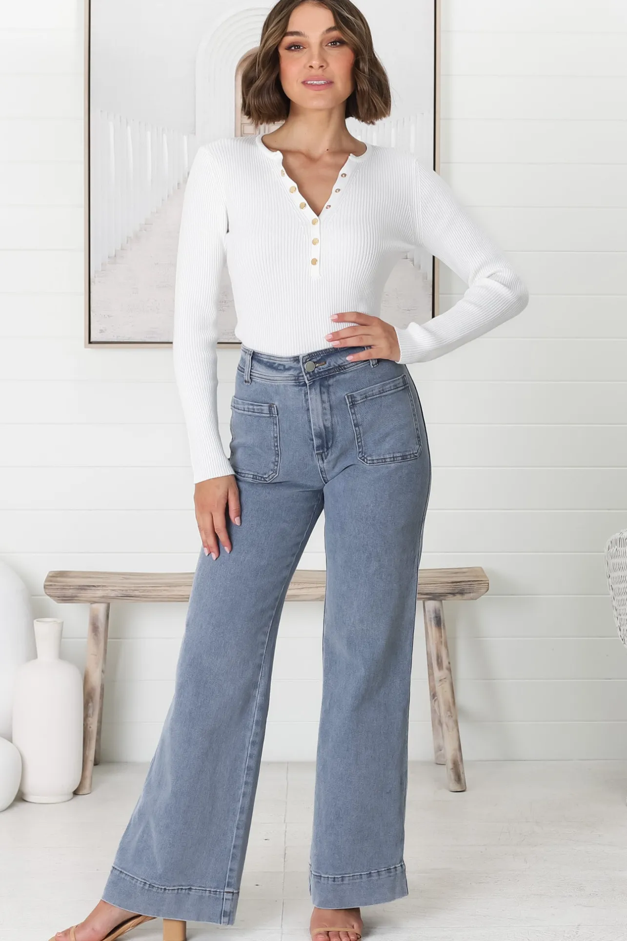 Farah Jeans - Highwaisted Flare Leg Stretch Jean in Light Denim>Salty Crush Sale