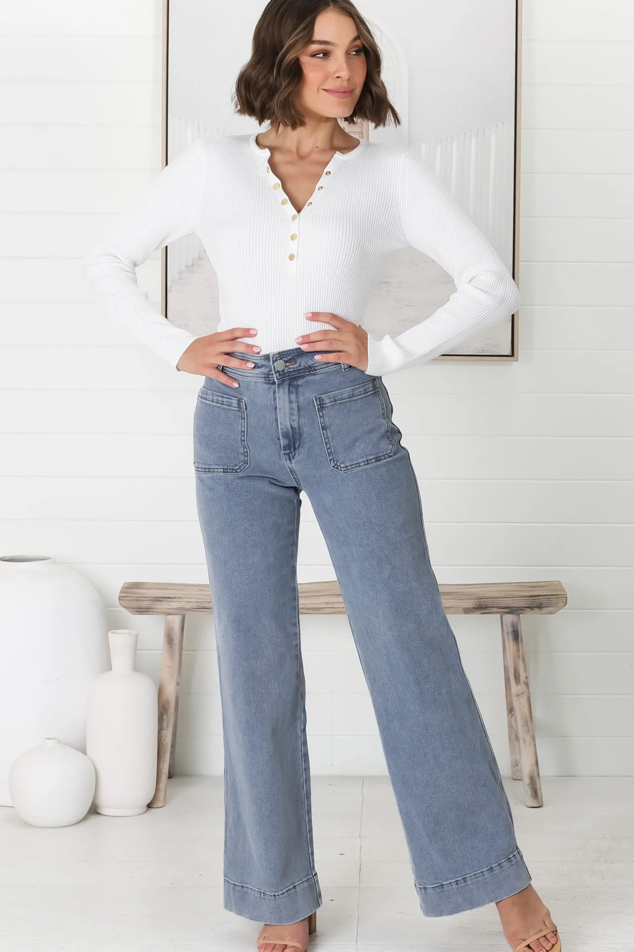 Farah Jeans - Highwaisted Flare Leg Stretch Jean in Light Denim>Salty Crush Sale